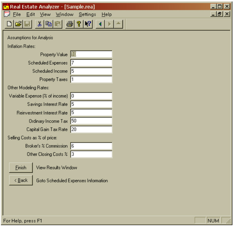 Click here to see Assumptions for Analysis screen